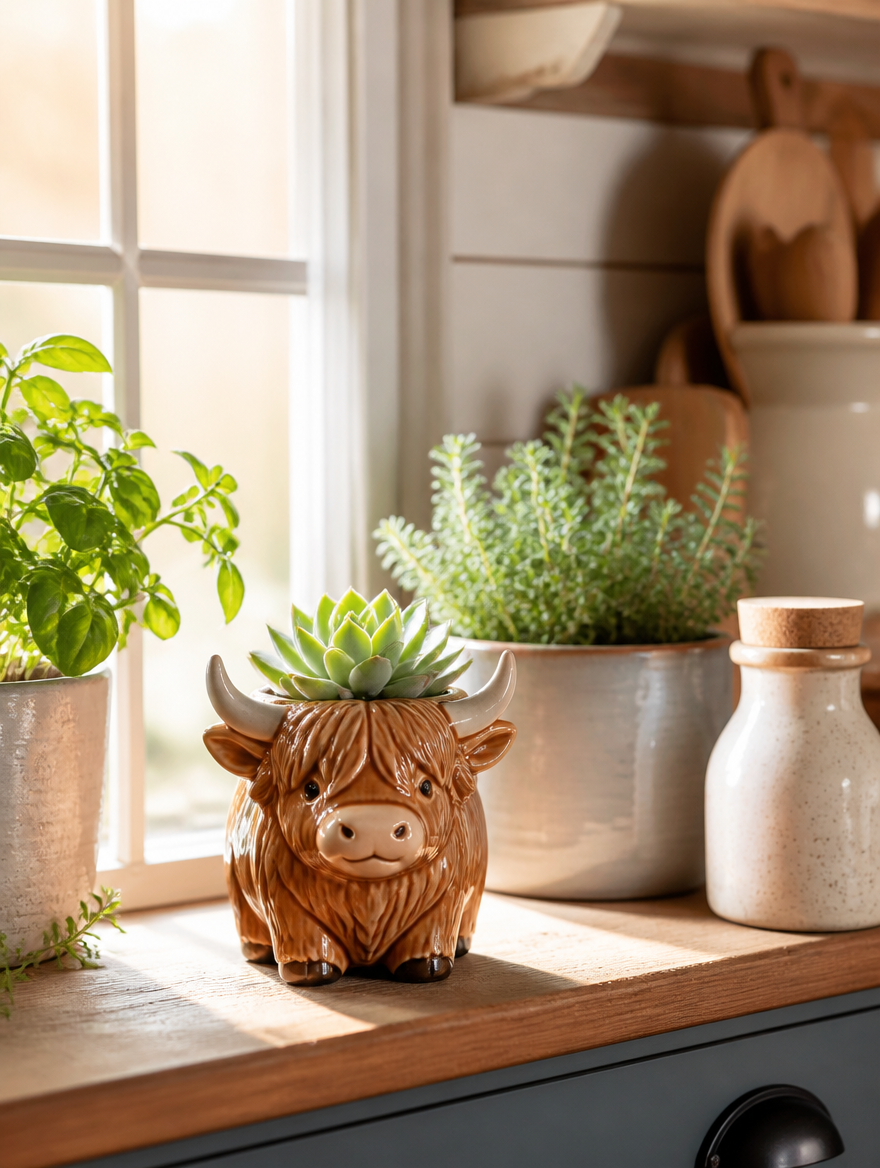 Cute Highland Cow Plant Pot on farmhouse windowsill