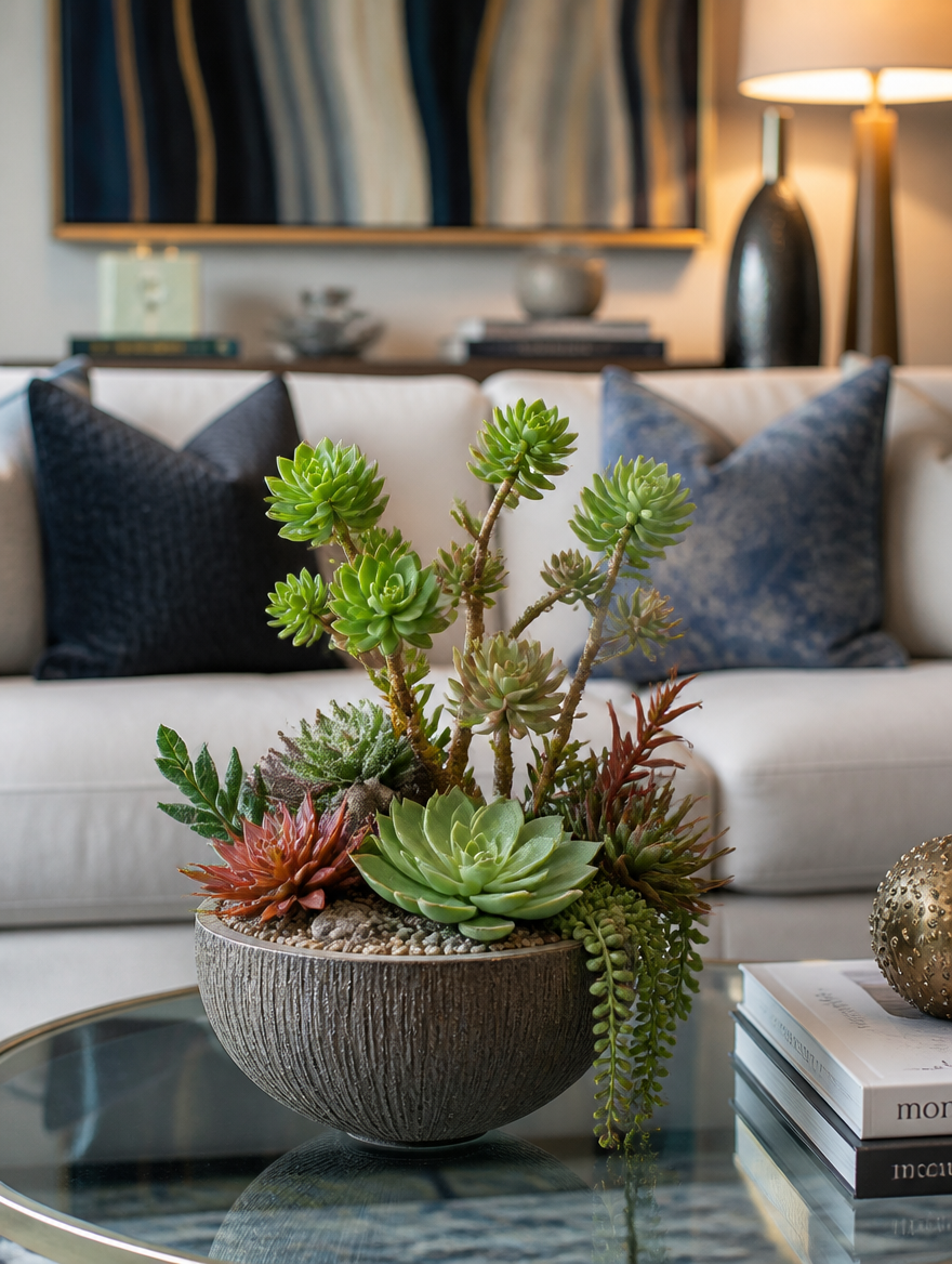 Artificial Succulent Bonsai on coffee table