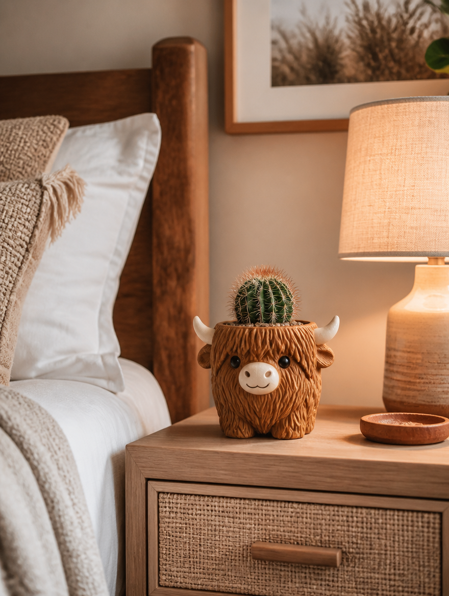 Cute Highland Cow Plant Pot on bedside table