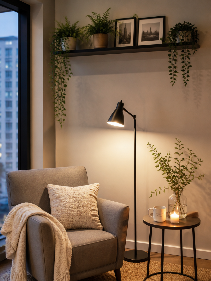 Artificial Hanging Plants in cozy reading nook