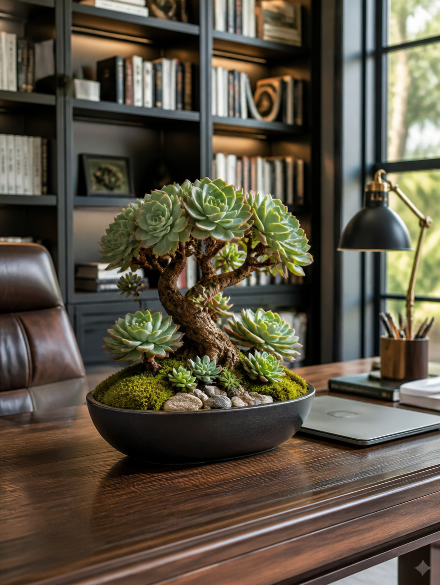 Artificial Succulent Bonsai on home office desk