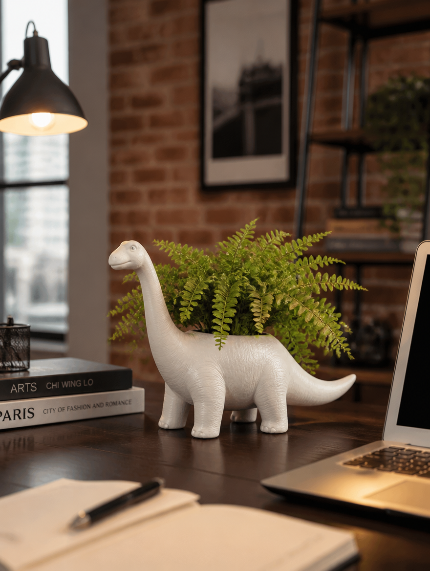 White Ceramic Dinosaur Flower Pot on home office desk