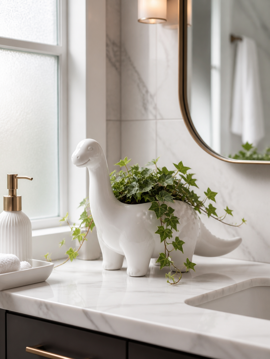White Ceramic Dinosaur Flower Pot on bathroom vanity