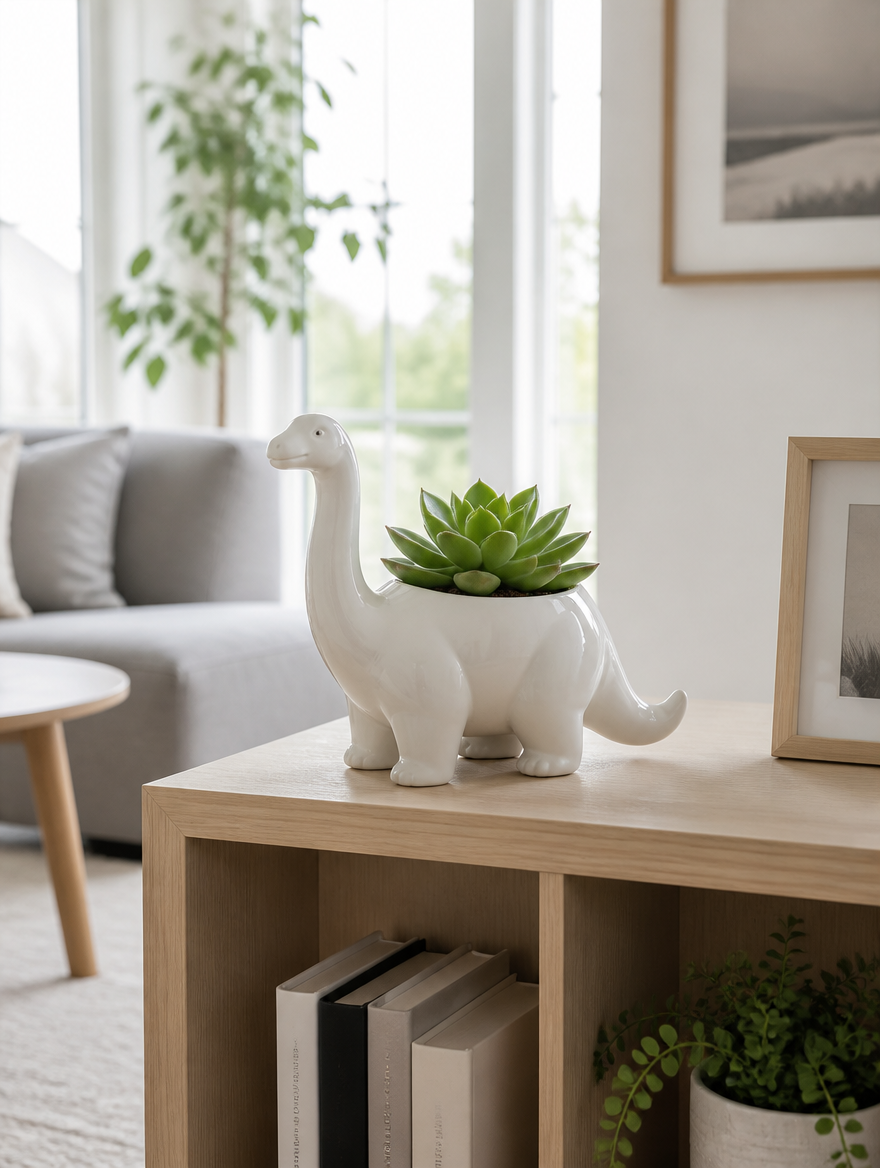 White Ceramic Dinosaur Flower Pot in modernized living room