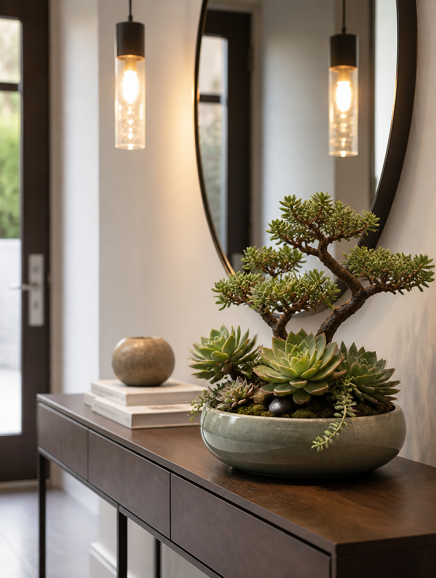 Artificial Succulent Bonsai on entryway console