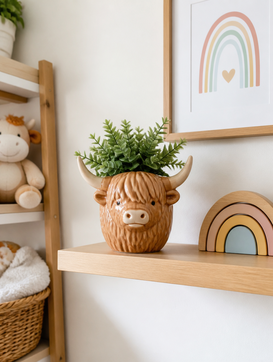 Cute Highland Cow Plant Pot on nursery shelf