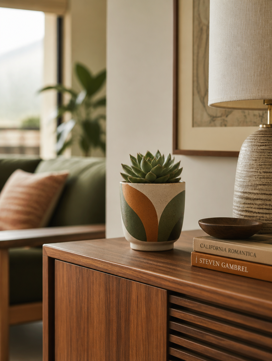 Retro ceramic flower pot on modernized sideboard