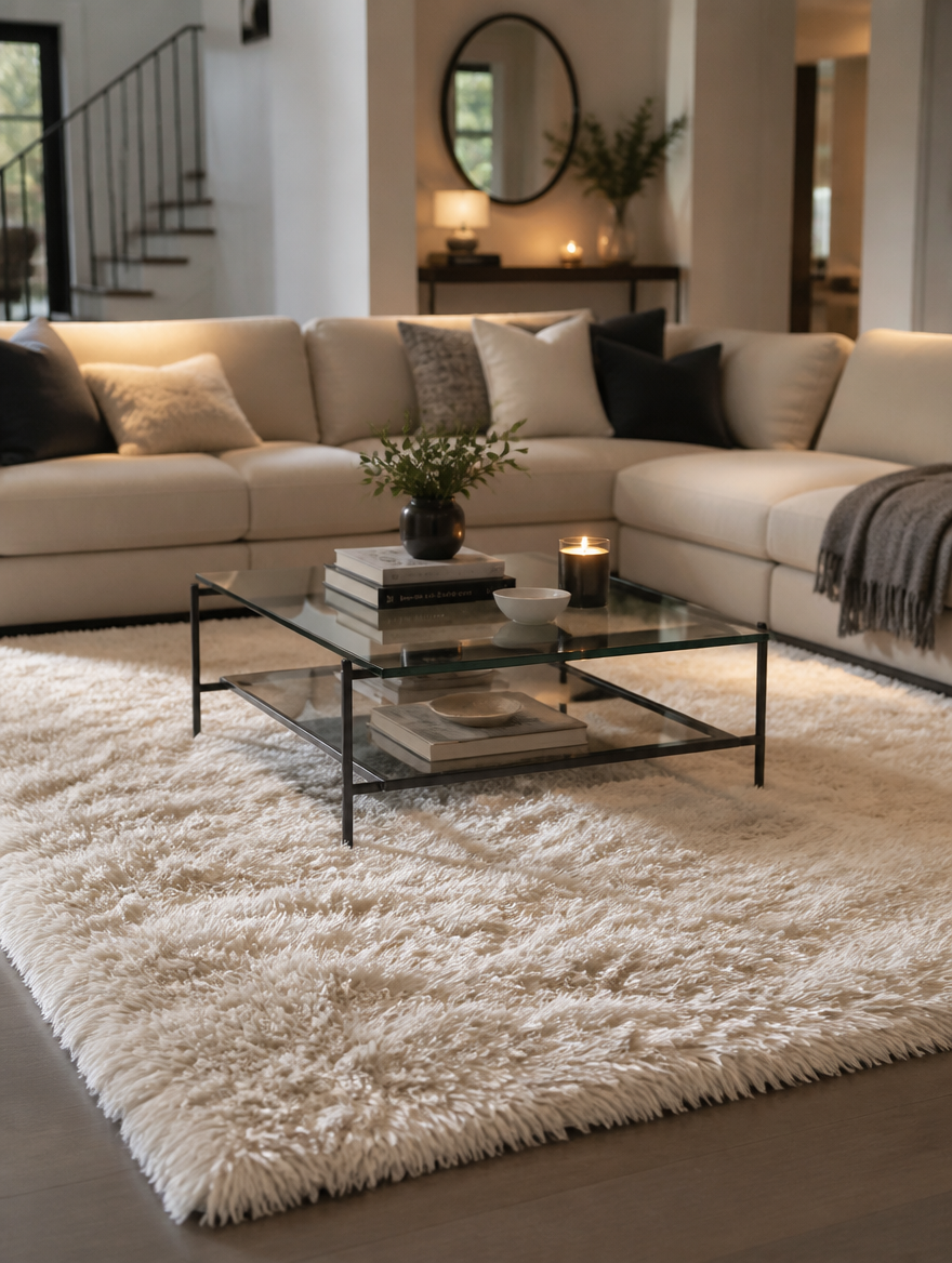 Fluffy area rug in minimalist living room