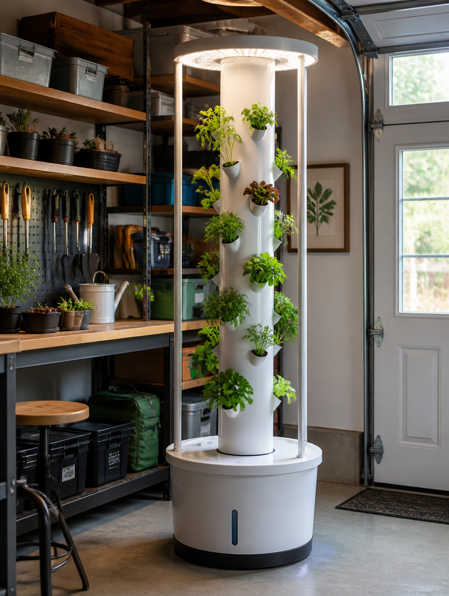 Hydroponic Tower in indoor garden setup