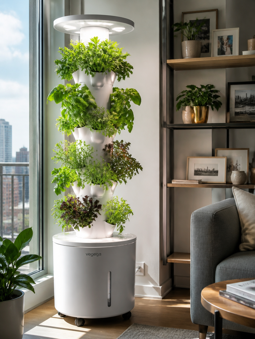 Hydroponic Tower in sunlit apartment