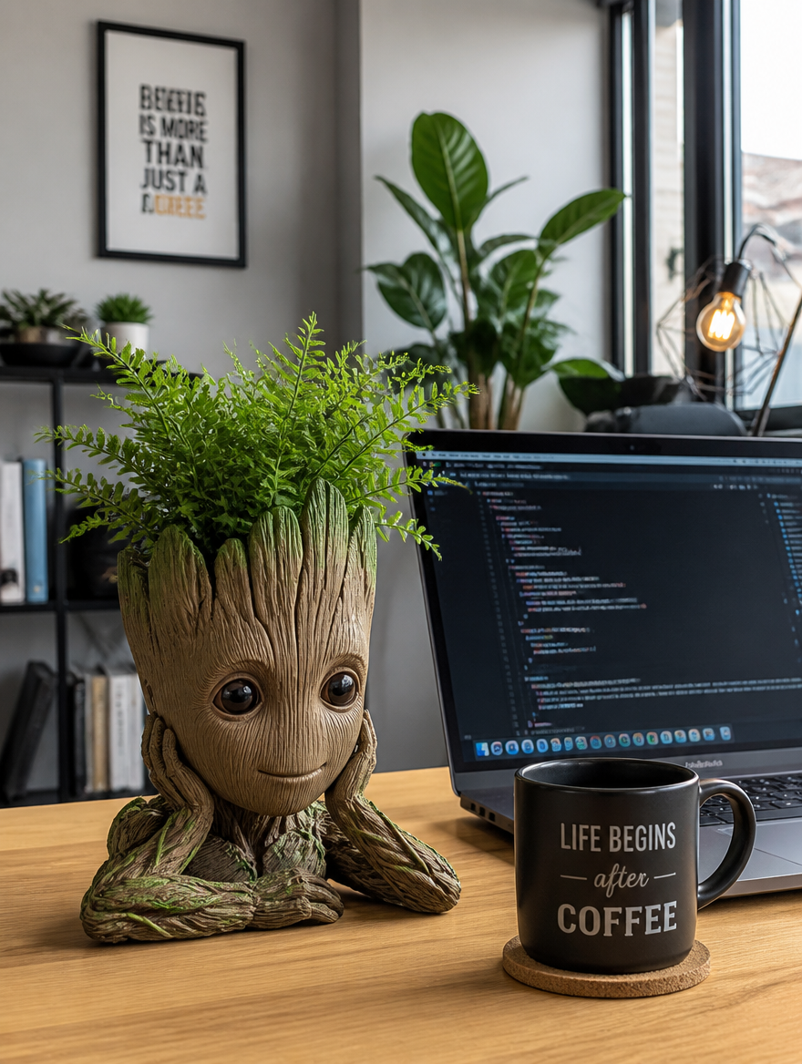 Character planter on office desk