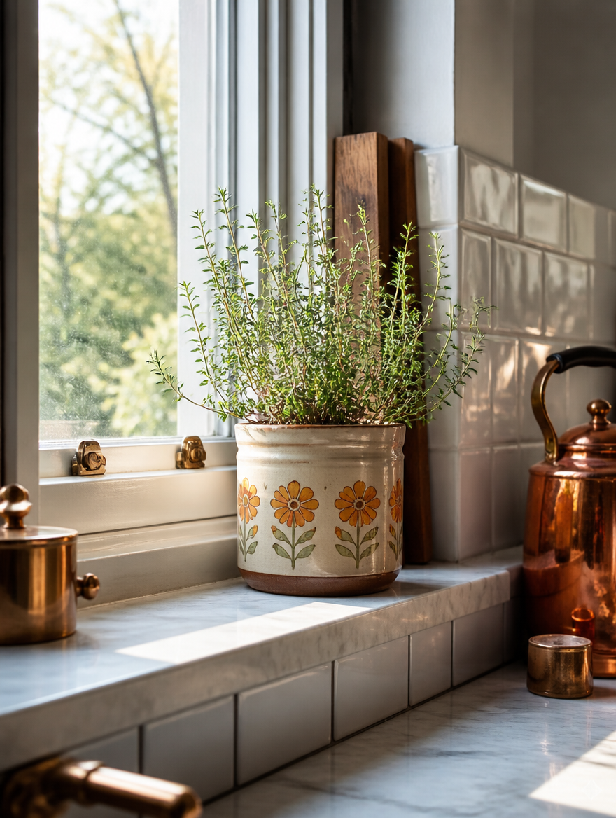 Retro ceramic flower pot on kitchen windowsill