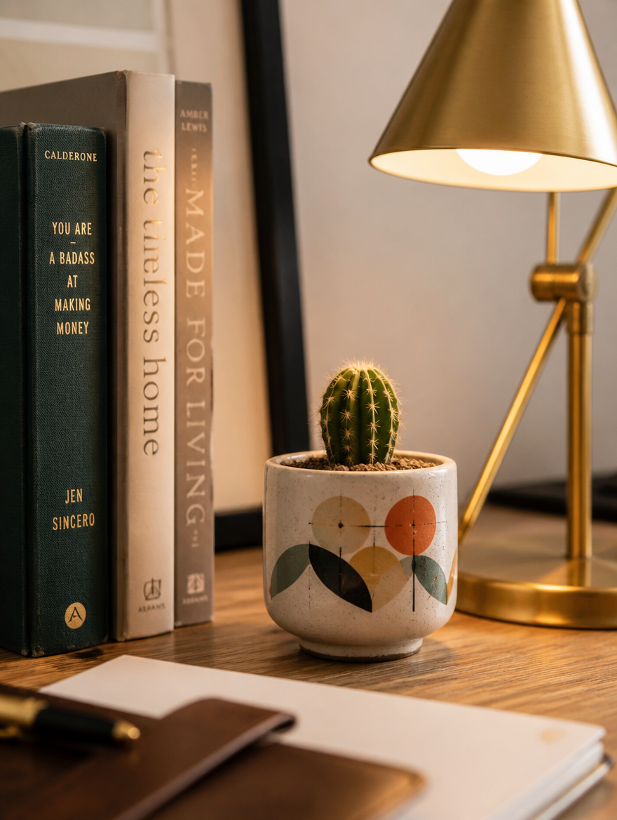 Retro ceramic flower pot on study desk