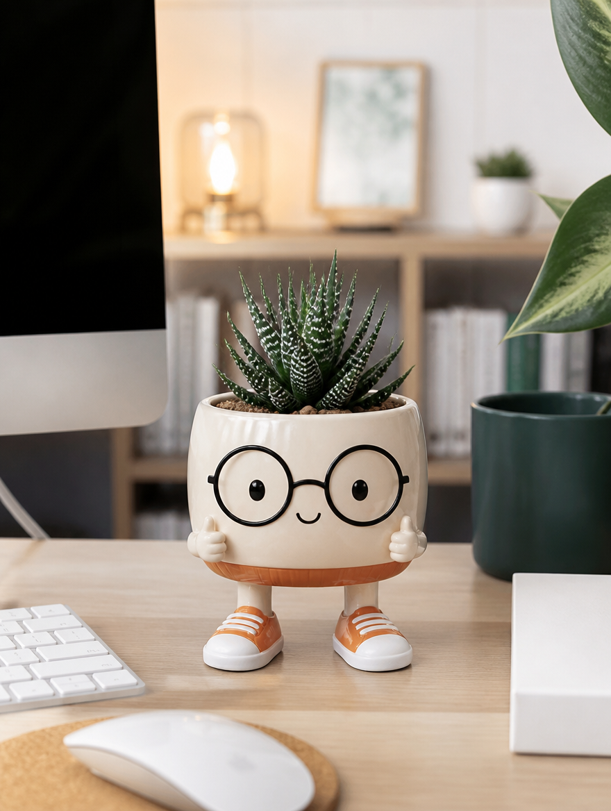 Character flower pot on modernized desk