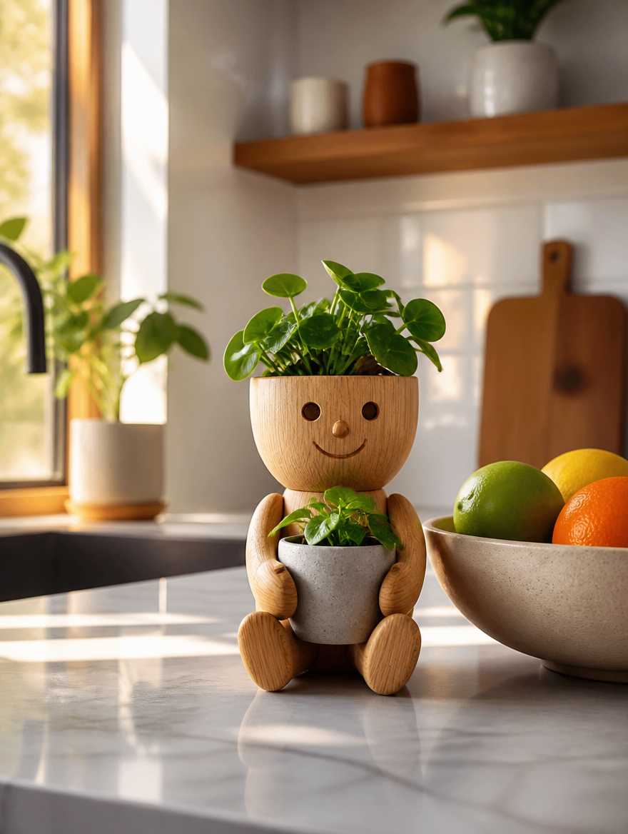 Character planter on kitchen counter