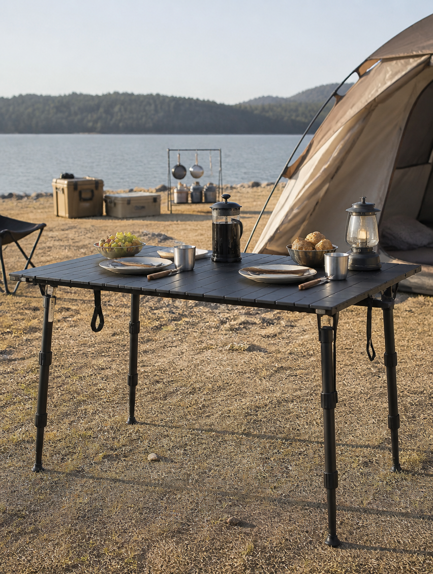 Portable picnic table at lakeside campsite