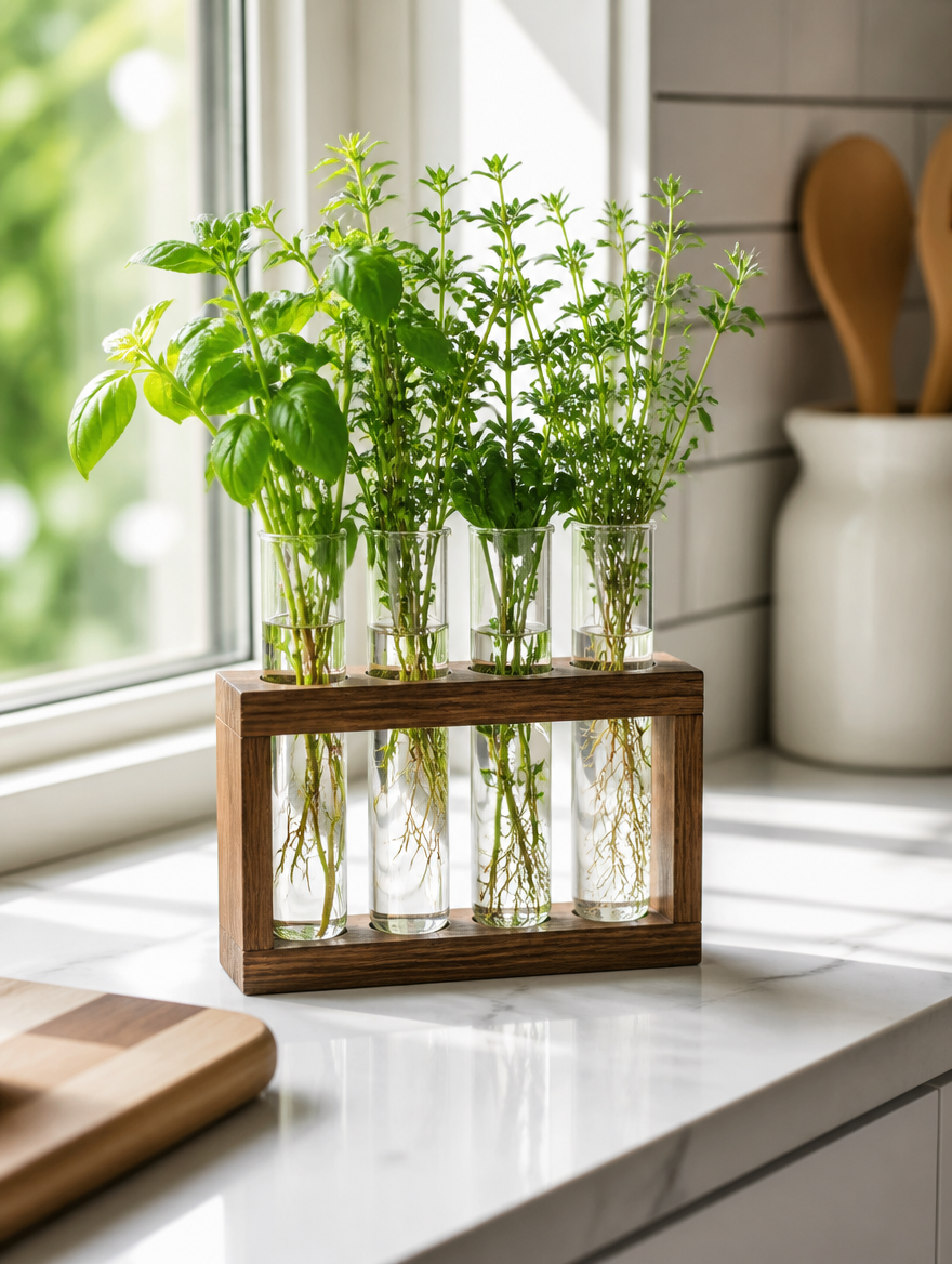 Hydroponic vase on kitchen windowsill