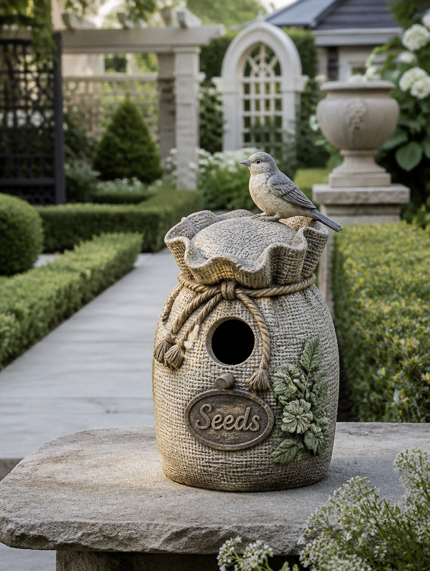Decorative resin birdhouse in cottage garden