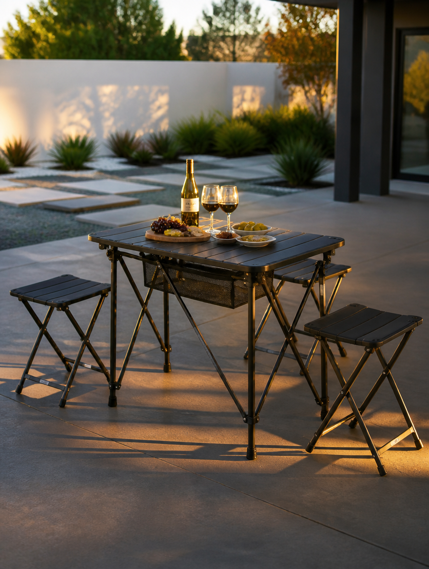 Portable picnic camping table on modern outdoor patio