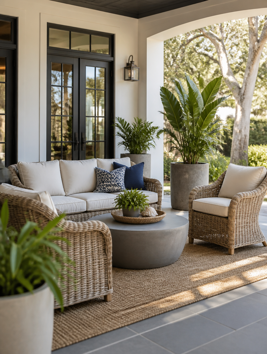 Wicker patio conversation set on covered porch