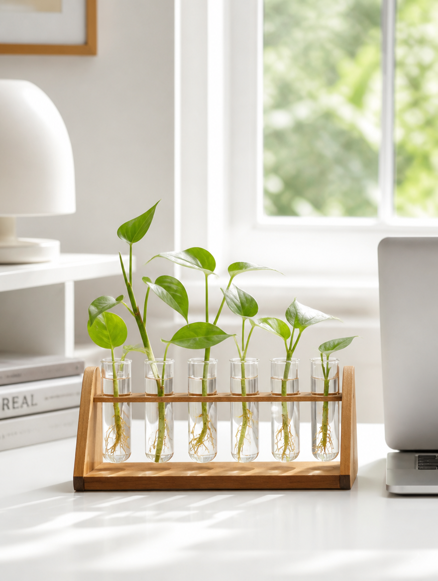 Hydroponic test tube vase on minimalist desk