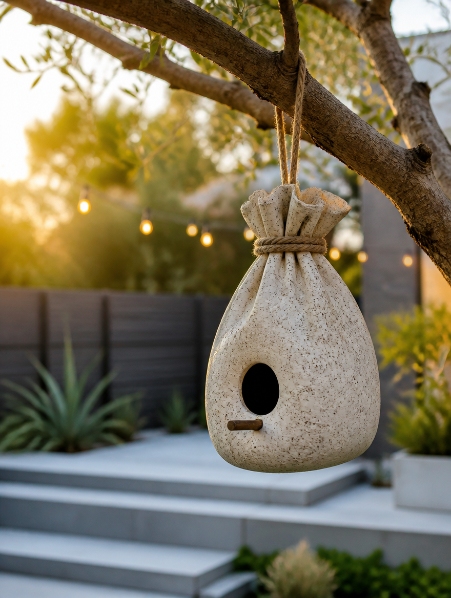 Whimsical birdhouse hanging in backyard garden