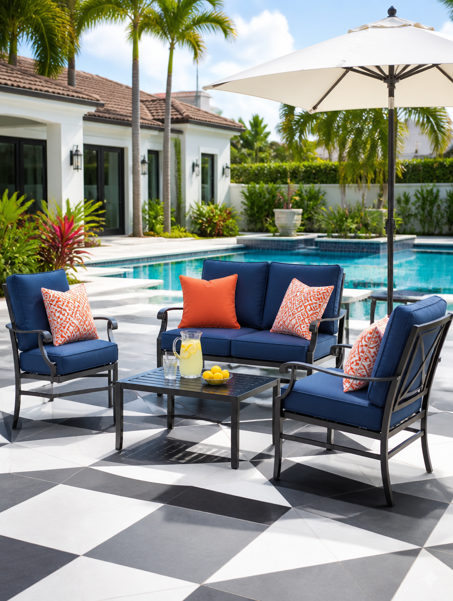 Patio furniture set by poolside