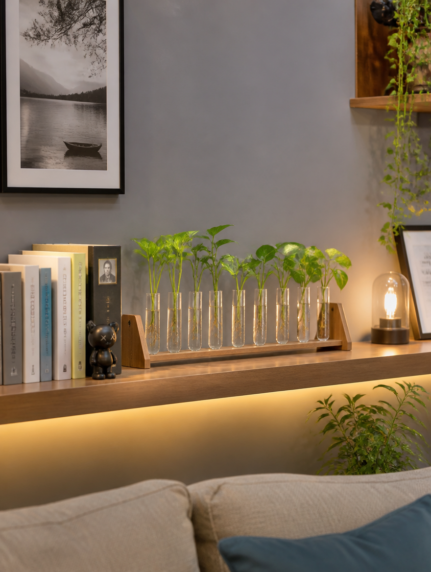 Test tube plant vase on floating shelf in living room