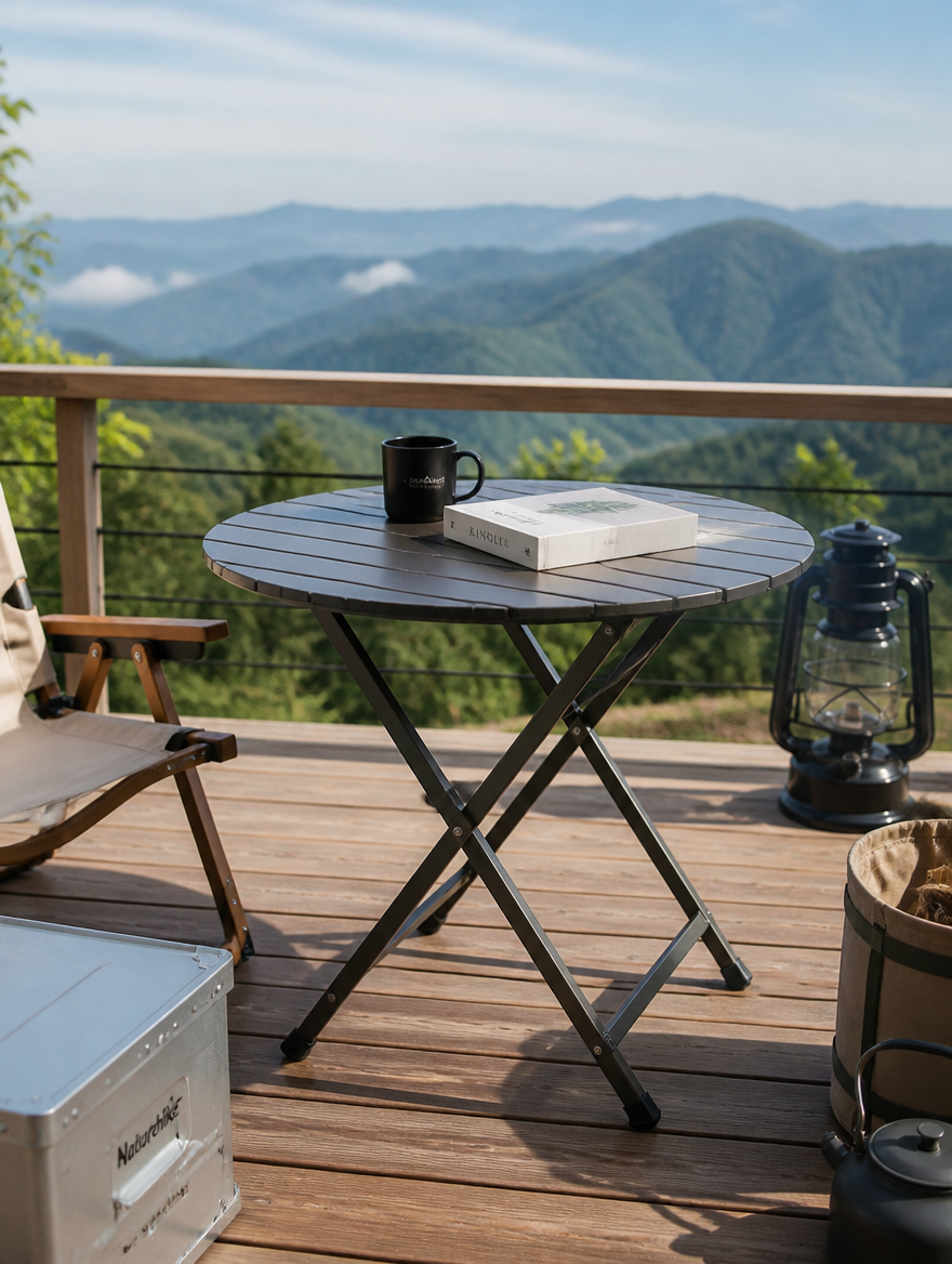 Folding camping table on glamping deck with mountain view