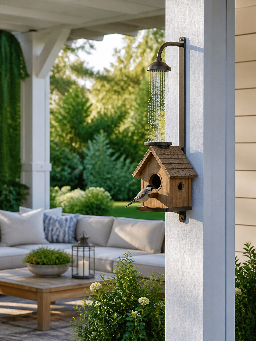 Decorative birdhouse on modern porch