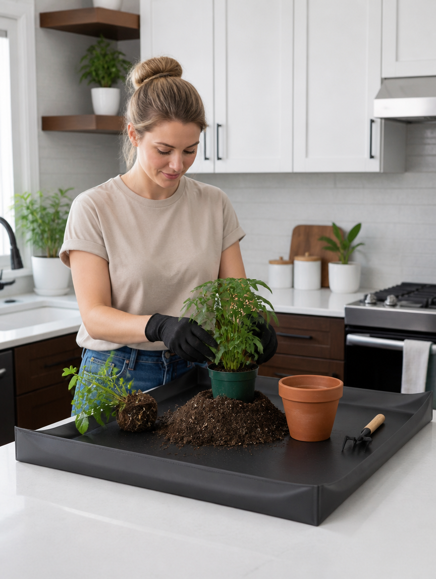 Planting mat on kitchen counter for indoor plant care