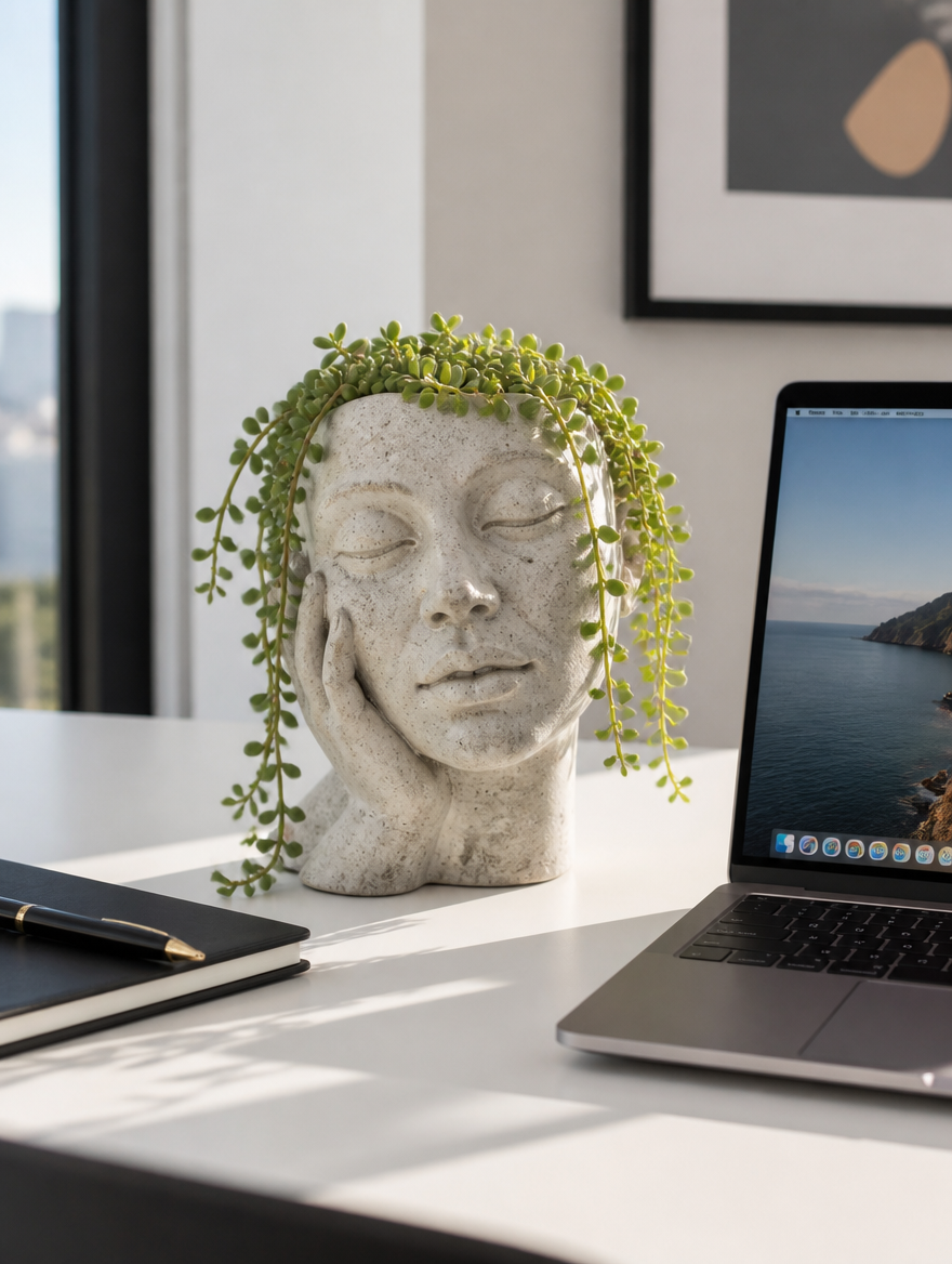 Sculptural face planter on office desk
