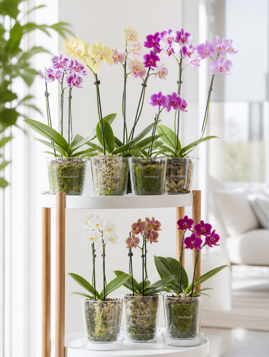Meshpot orchid pots on plant stand near window