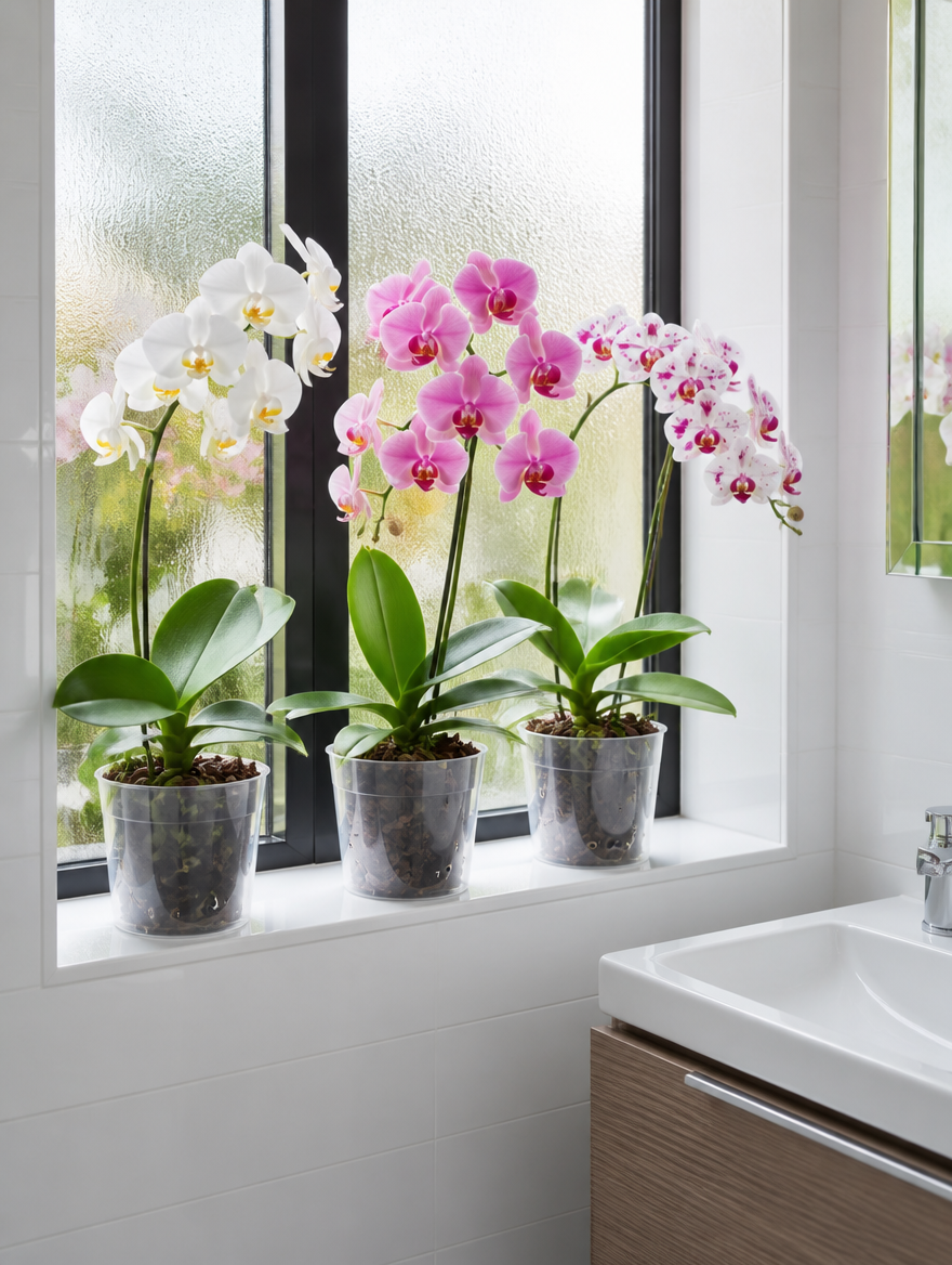 Clear orchid pots on bathroom windowsill