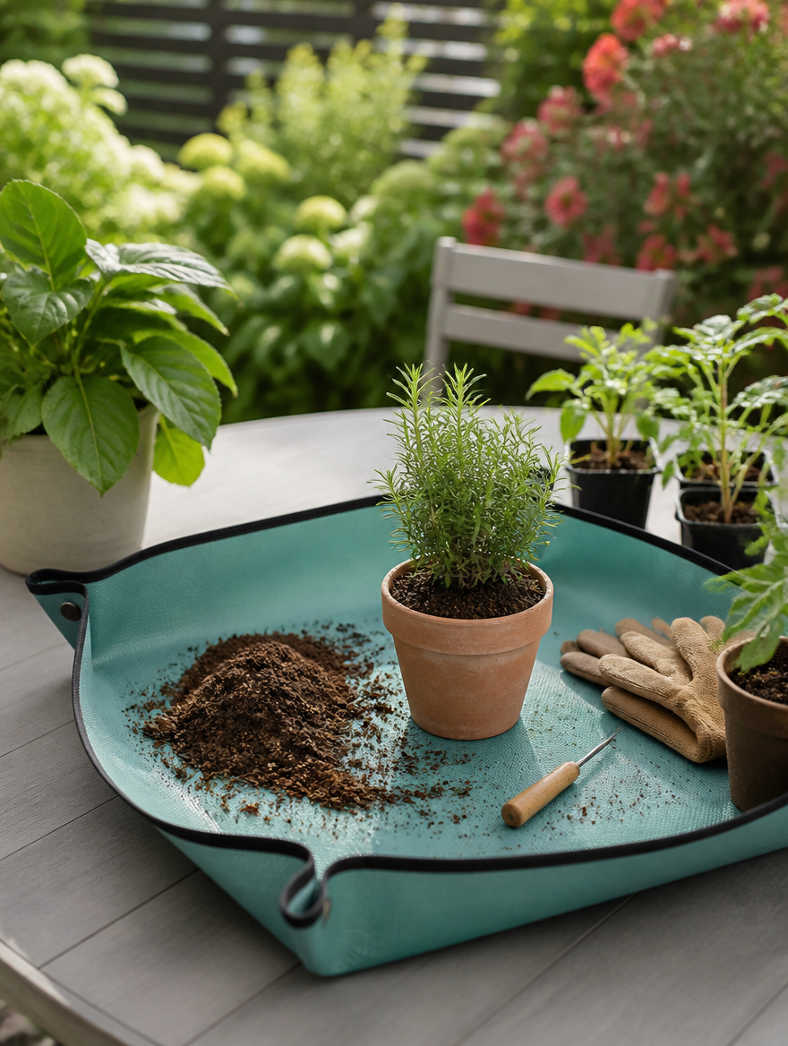 Repotting mat on outdoor garden table