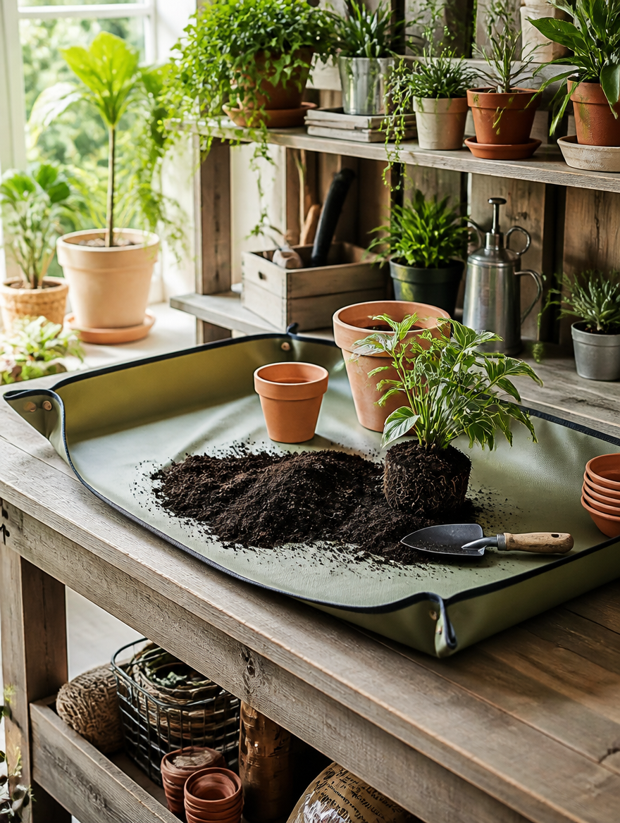 Gardening transplanting mat on potting bench
