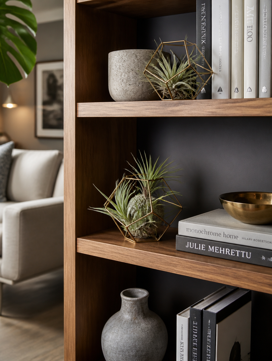 Geometric airplant holder on bookshelf