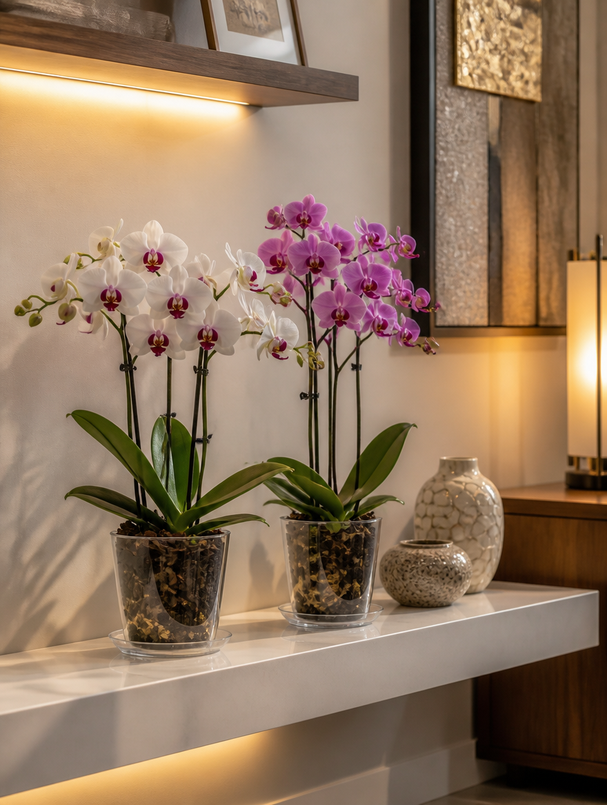 Transparent orchid planters on floating shelf