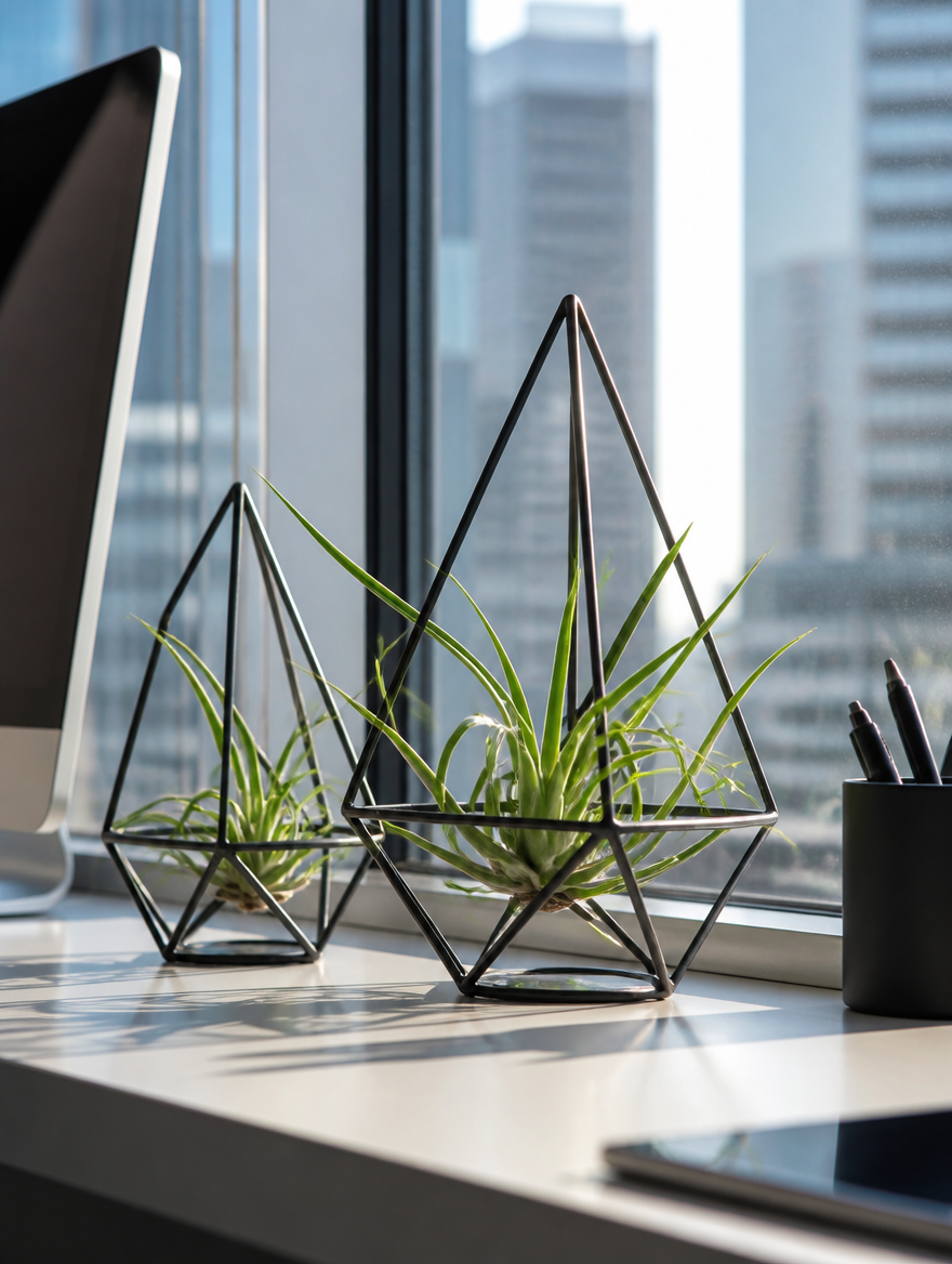 Geometric airplant holder on office windowsill