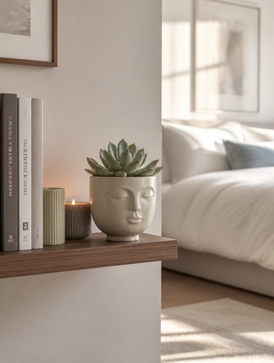 Face planter on floating shelf in bedroom