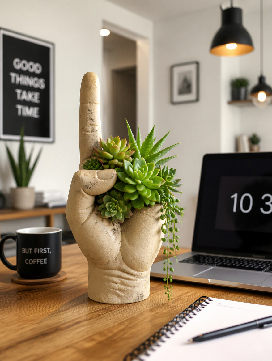 Fun novelty resin planter with succulents on modern desk in stylish home office