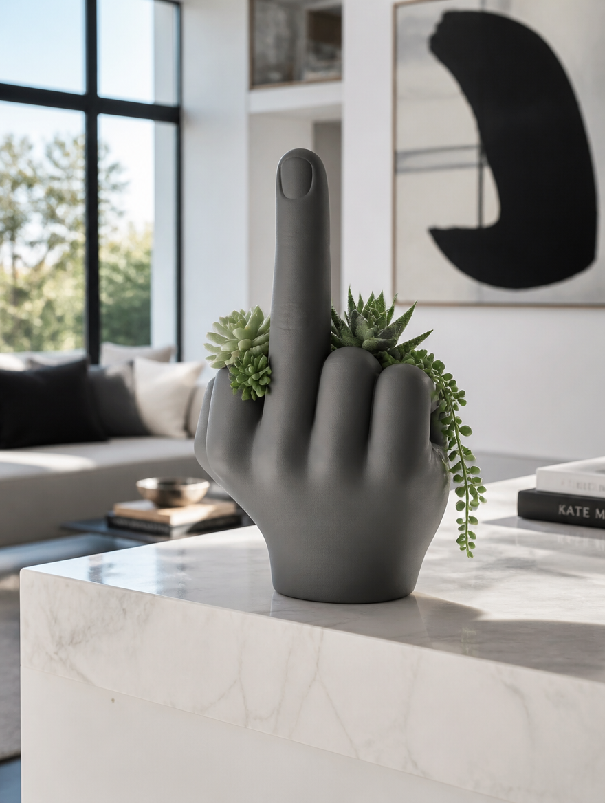 Modernized funny succulent planter with finger up gesture on marble shelf in contemporary living room