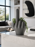 Modernized funny succulent planter with finger up gesture on marble shelf in contemporary living room