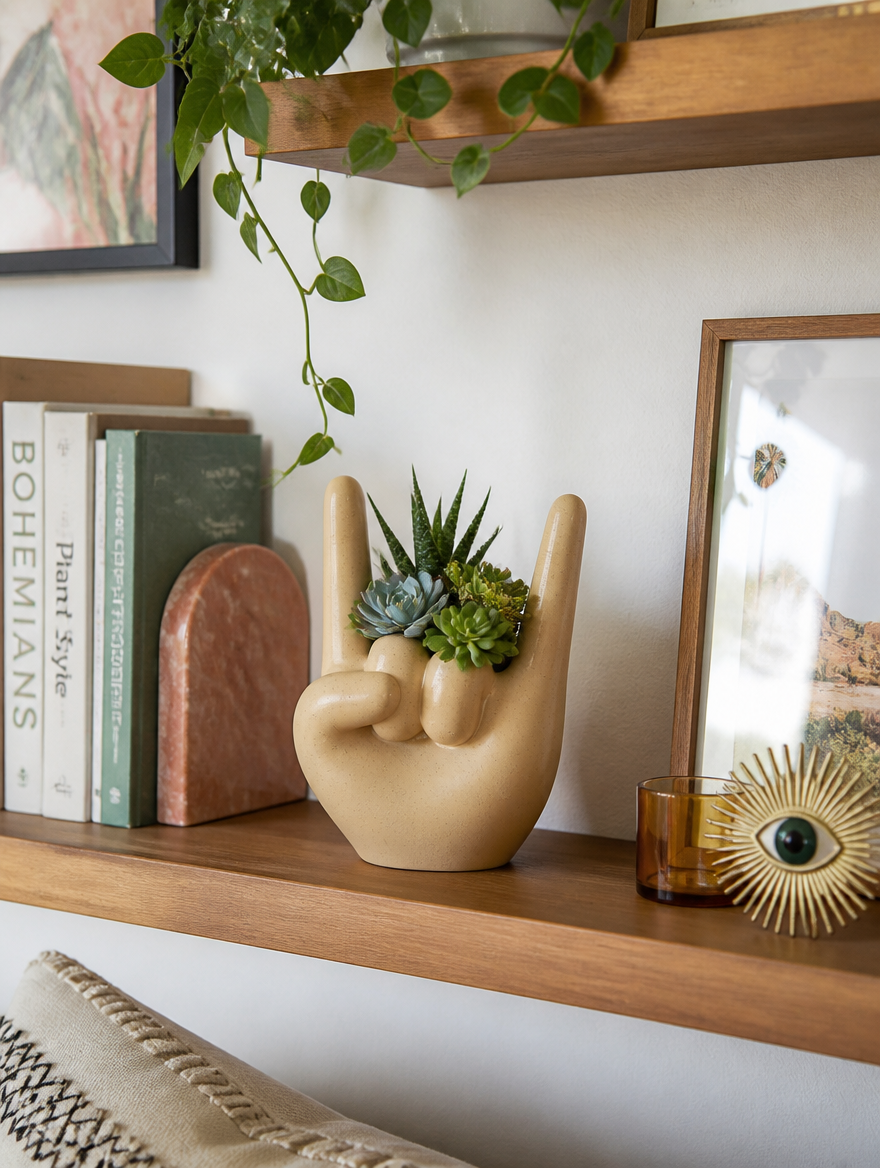 Cute resin succulent pot on contemporary floating shelf in boho-modern apartment