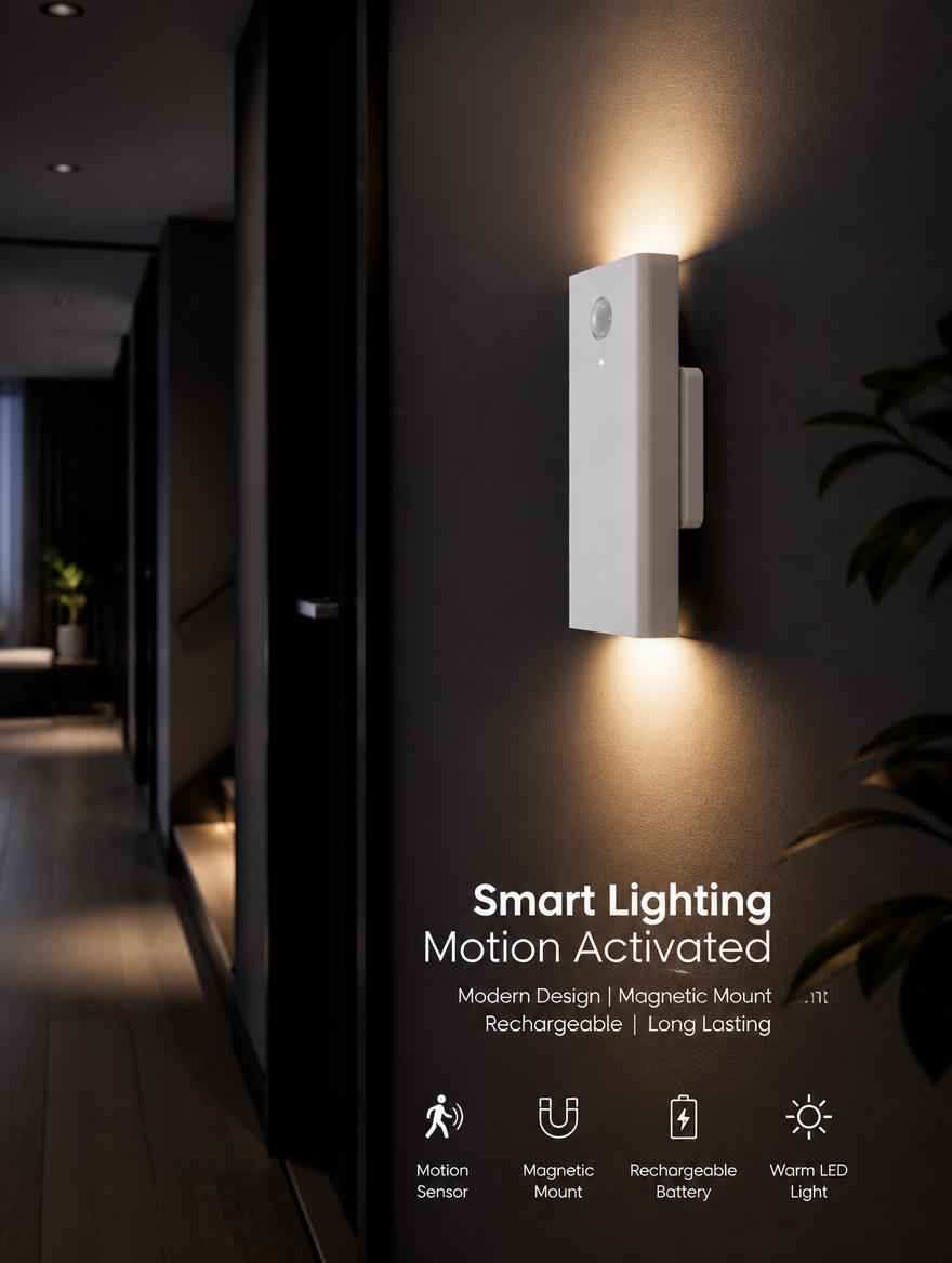 Modernized rechargeable motion sensor wall light in contemporary dark hallway