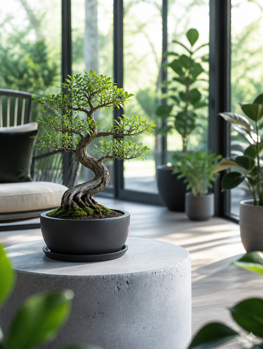 Bonsai pot with tray on concrete side table in bright sunroom