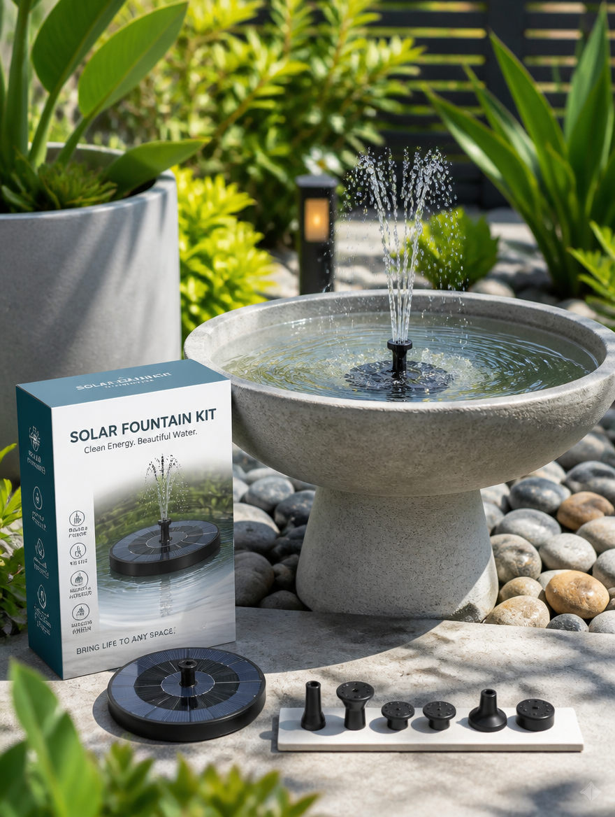 Solar fountain kit with nozzles in contemporary outdoor garden