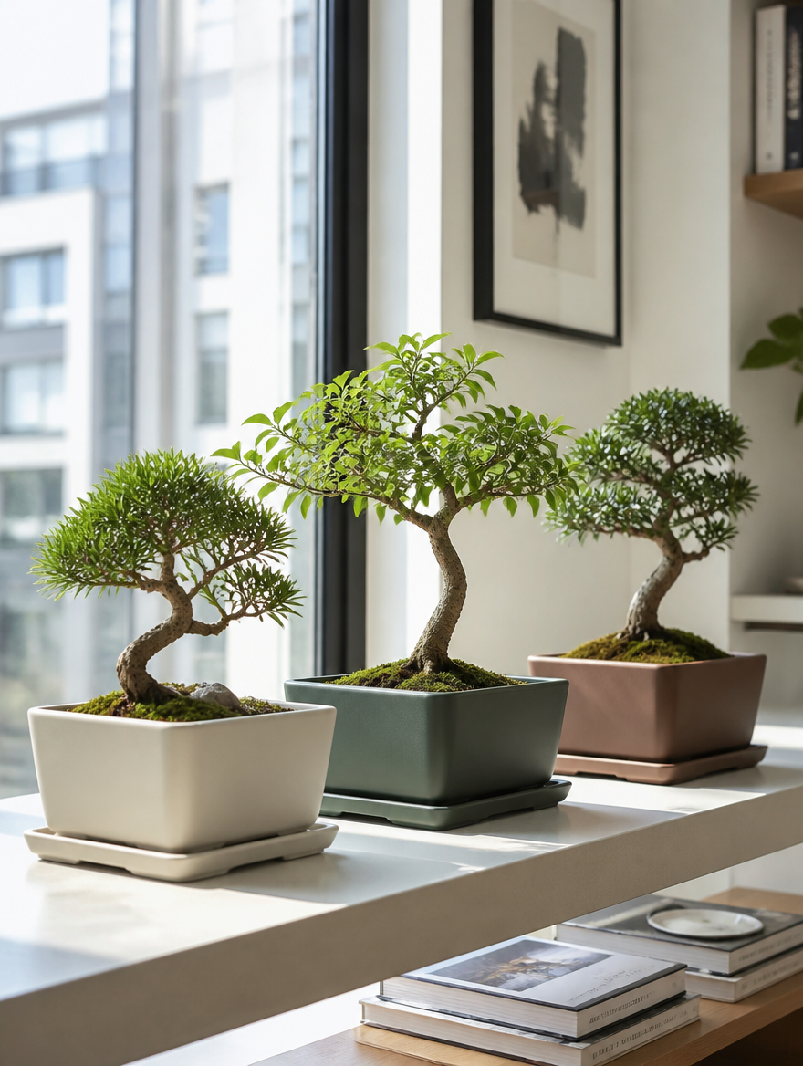 Modernized bonsai pots with drainage on bright modern windowsill