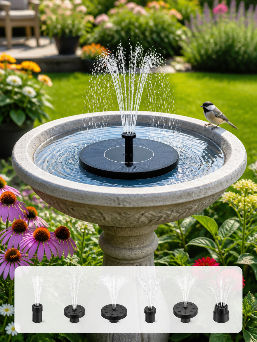 Modernized solar bird bath fountain spraying water in lush garden