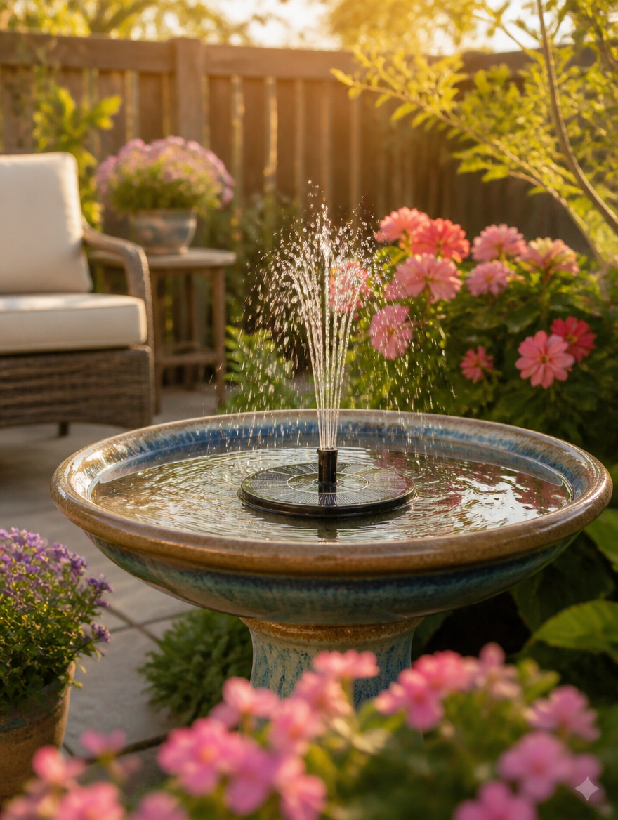 Mini solar water fountain in ceramic bird bath at golden hour